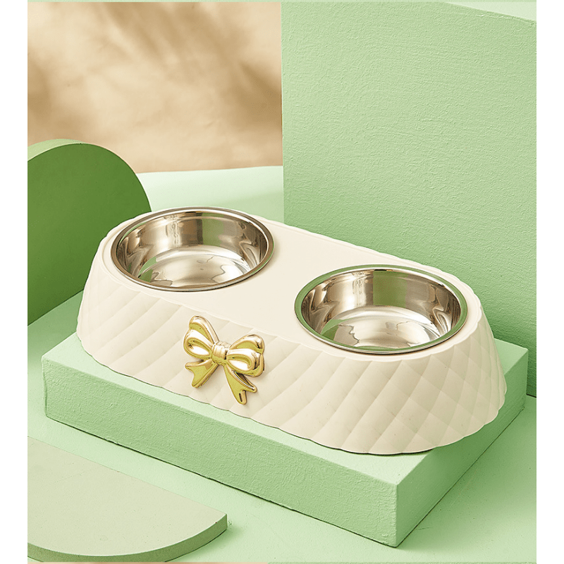 Stainless Steel Double Bowl for Pets with Bowknot Carving