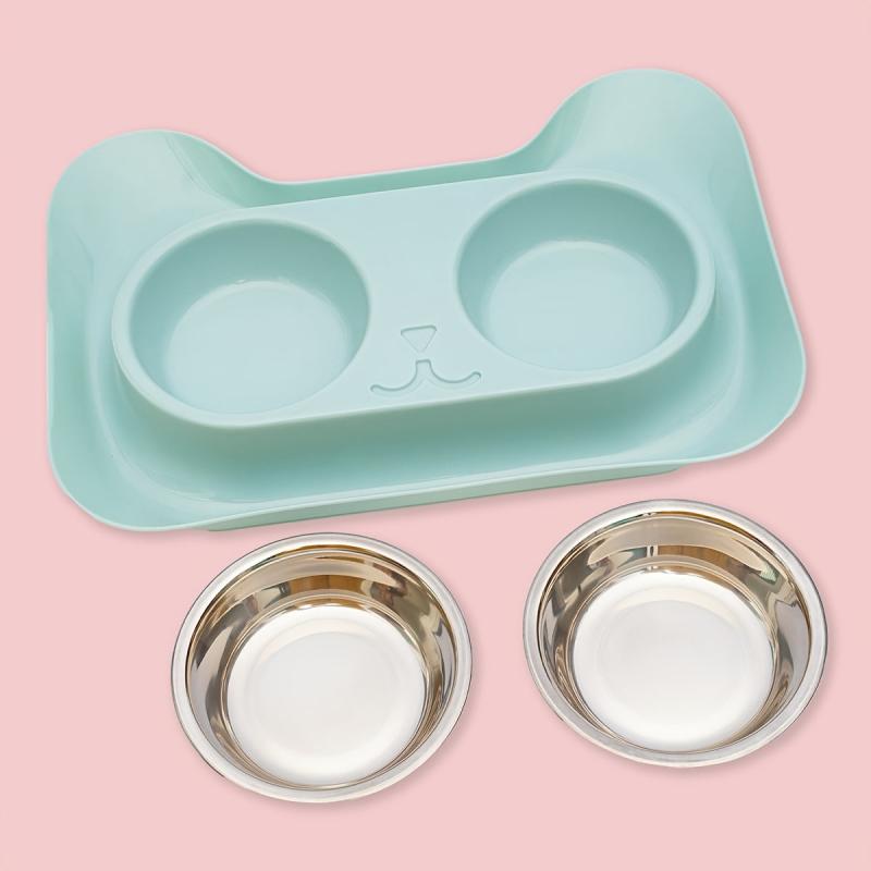 Stainless Steel Cat Double Bowl with No Spill Non-slip Mat