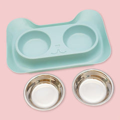 Stainless Steel Cat Double Bowl with No Spill Non-slip Mat
