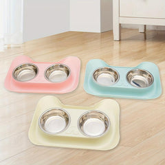 Stainless Steel Cat Double Bowl with No Spill Non-slip Mat