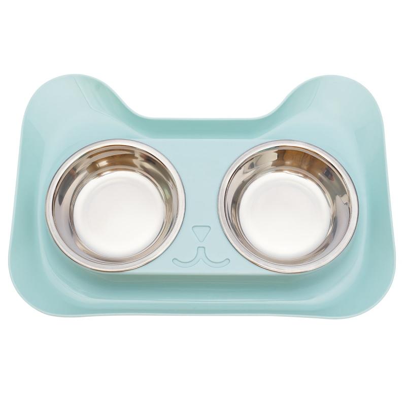 Stainless Steel Cat Double Bowl with No Spill Non-slip Mat