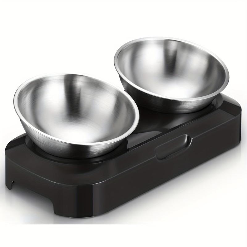 Raised Tilted Cat Double Bowls Stainless Steel Feeder with Stand