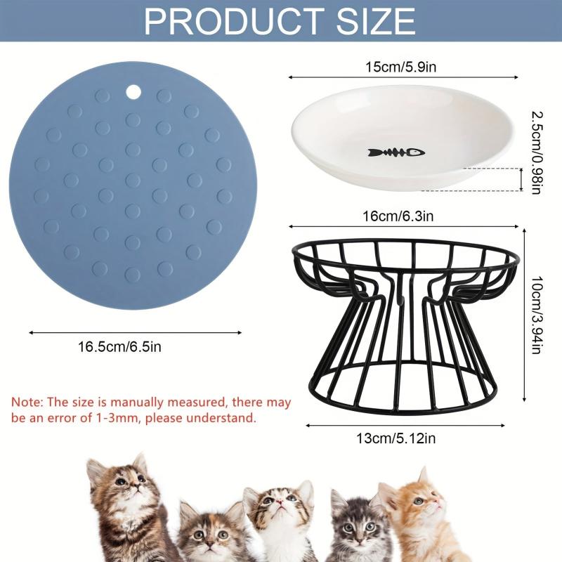 Elevated Cat Feeder Bowl Stand with Non Slip Mat Shallow Ceramic Cat Dish