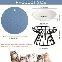 Elevated Cat Feeder Bowl Stand with Non Slip Mat Shallow Ceramic Cat Dish