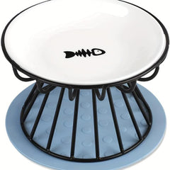 Elevated Cat Feeder Bowl Stand with Non Slip Mat Shallow Ceramic Cat Dish
