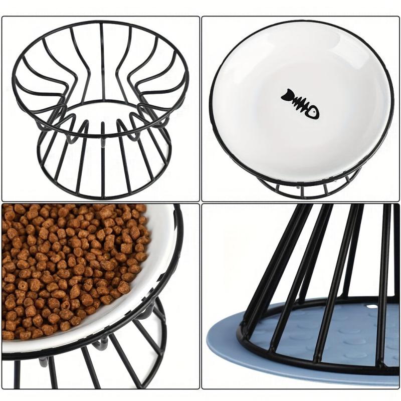 Elevated Cat Feeder Bowl Stand with Non Slip Mat Shallow Ceramic Cat Dish