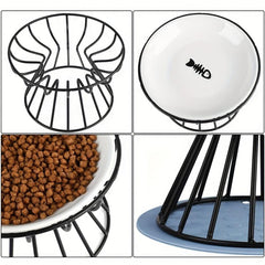 Elevated Cat Feeder Bowl Stand with Non Slip Mat Shallow Ceramic Cat Dish