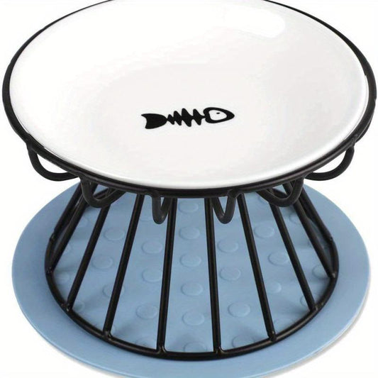 Elevated Cat Feeder Bowl Stand with Non Slip Mat Shallow Ceramic Cat Dish