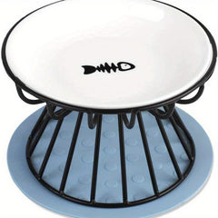 Elevated Cat Feeder Bowl Stand with Non Slip Mat Shallow Ceramic Cat Dish