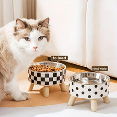 Elevated Cat Feeder Anti-Choking Bowl with Wooden Stand