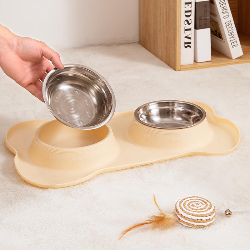 Pet Feeding Mat with 2 Stainless Steel Bowls Silicone Non Stick
