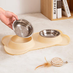 Pet Feeding Mat with 2 Stainless Steel Bowls Silicone Non Stick