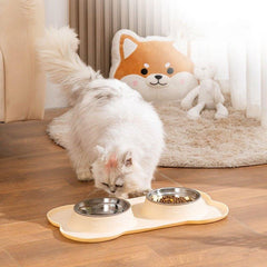 Pet Feeding Mat with 2 Stainless Steel Bowls Silicone Non Stick