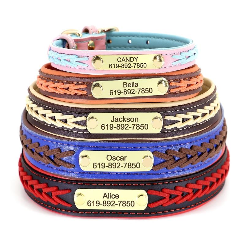 Personalized Braided Dog Collar with Engraved Nameplate - Secure Pet ID Tag