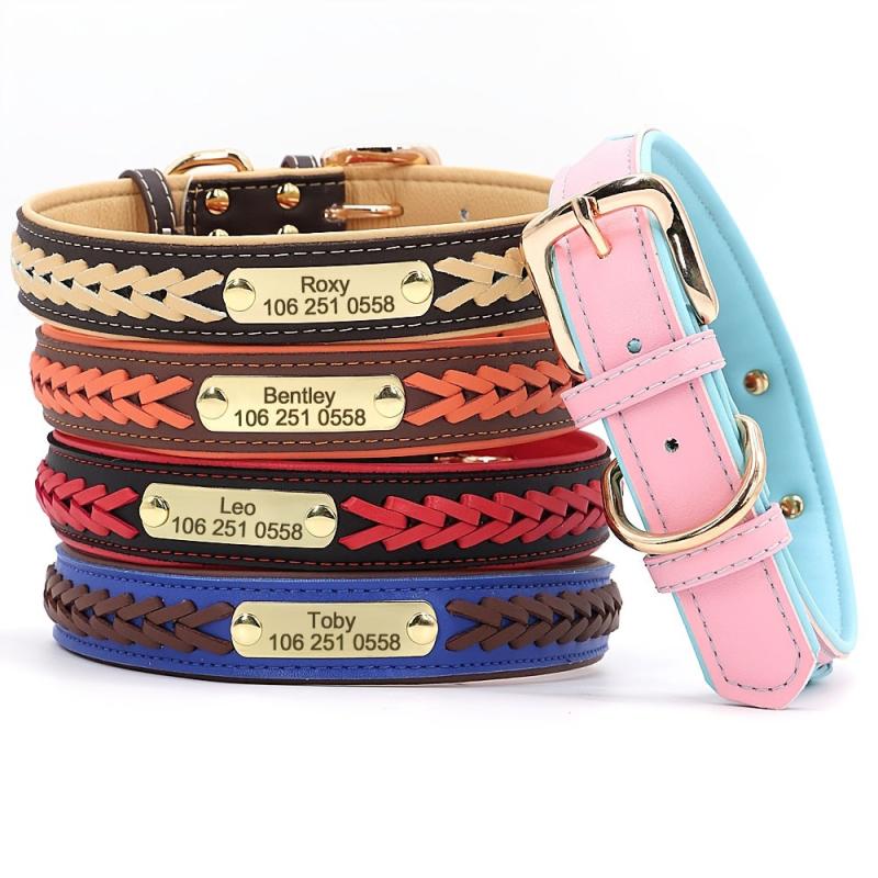 Personalized Braided Dog Collar with Engraved Nameplate - Secure Pet ID Tag