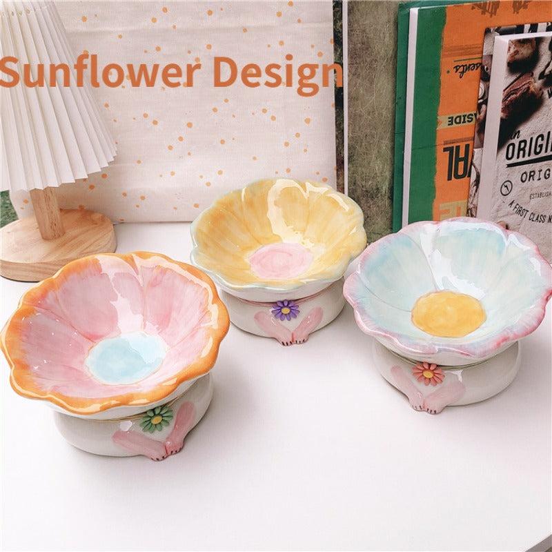 Sunflower Non Slip Ceramic Pet Food And Water Bowl Elevated Cat Feeding Bowl