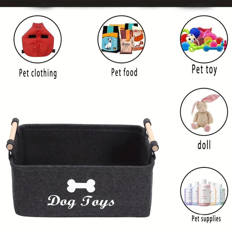 Felt Pet Toy Basket Dog Snack Storage Box Wooden Handle
