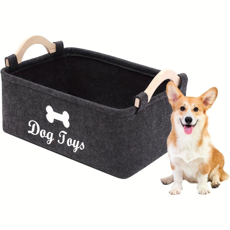 Felt Pet Toy Basket Dog Snack Storage Box Wooden Handle