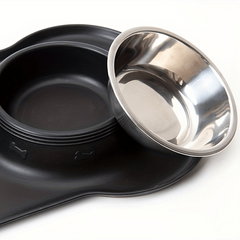 Silicone Dog Feeding Mat With Stainless Steel Double Bowl