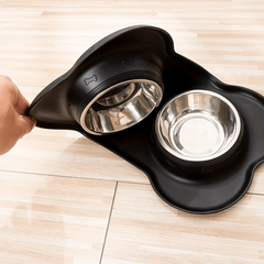 Silicone Dog Feeding Mat With Stainless Steel Double Bowl