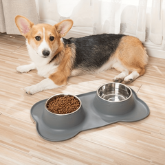Silicone Dog Feeding Mat With Stainless Steel Double Bowl