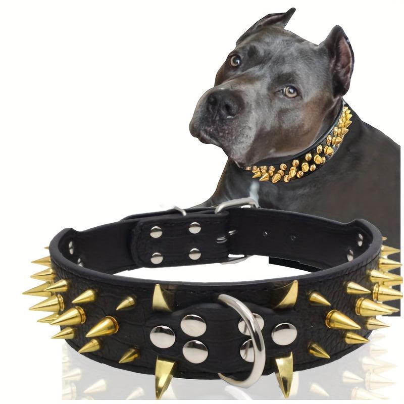 Golden Spikes Studded Dog Collar Leather for Medium and Large Dogs