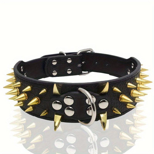 Golden Spikes Studded Dog Collar Leather for Medium and Large Dogs