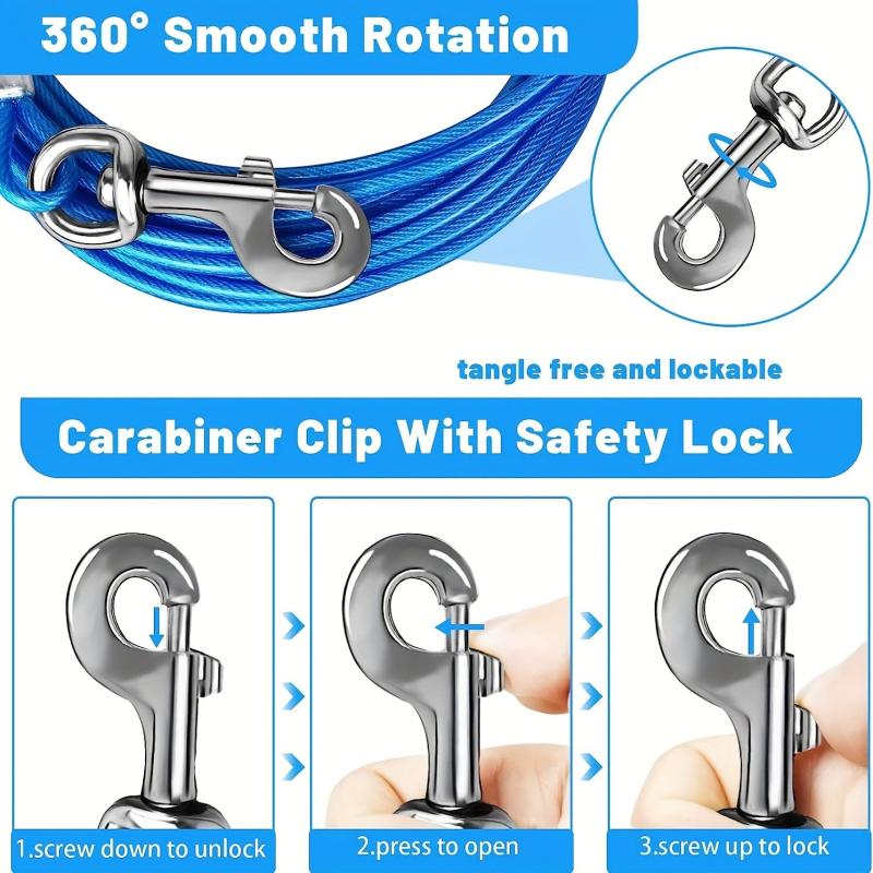 Dog Tie Out Cable 16ft Steel Wire Dog Leash Cable Heavy Duty Clips Large Dogs