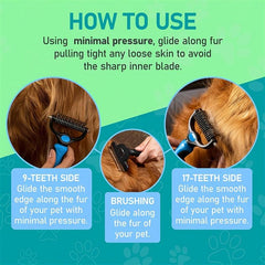 Double Sided Slicker Pet Hair Rake - Shedding Dematting Stainless Steel Comb