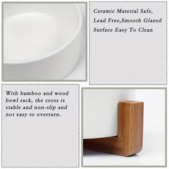 Ceramic Double Pet Bowls with Wooden Stand for Indoor Cats