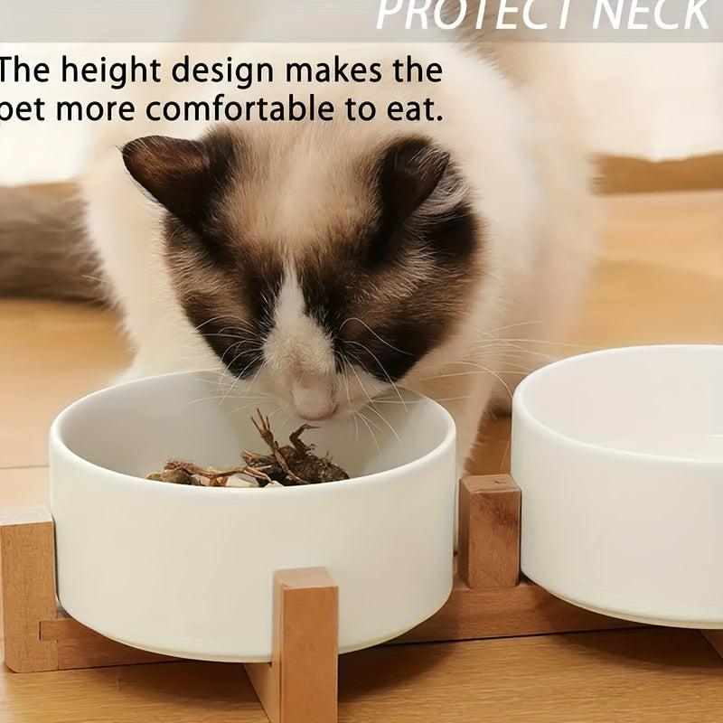Ceramic Double Pet Bowls with Wooden Stand for Indoor Cats