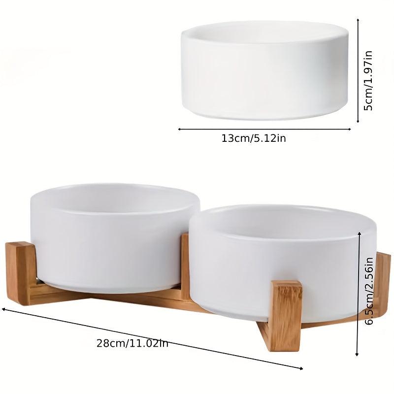 Ceramic Double Pet Bowls with Wooden Stand for Indoor Cats
