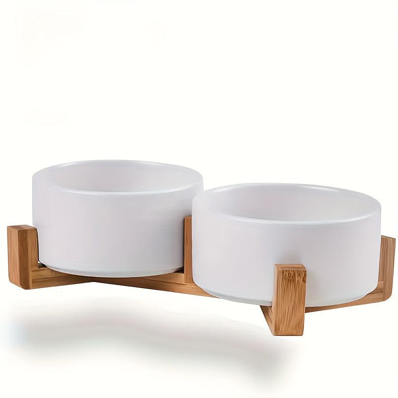 Ceramic Double Pet Bowls with Wooden Stand for Indoor Cats