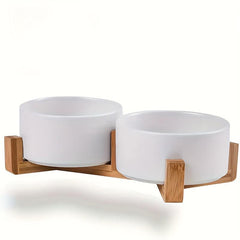 Ceramic Double Pet Bowls with Wooden Stand for Indoor Cats