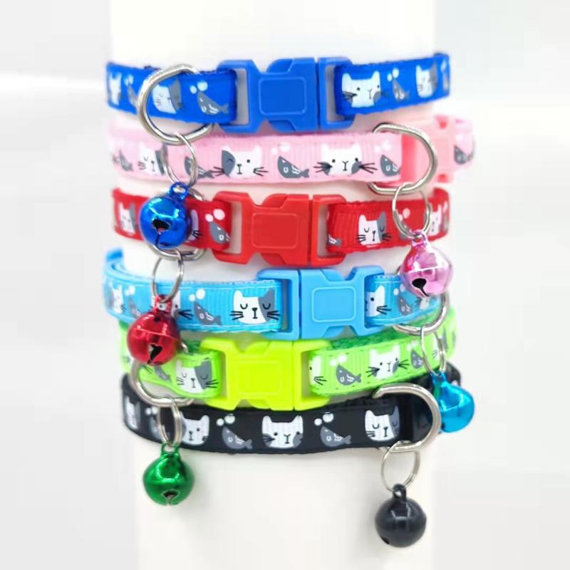 Adjustable Cat Collar with Bell Cat Faces Print