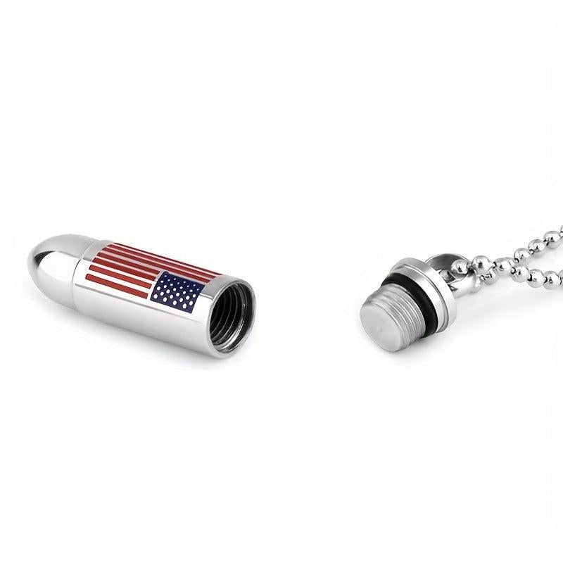 Stainless Steel American Flag Bullet Pendant Cremation Urn Necklace