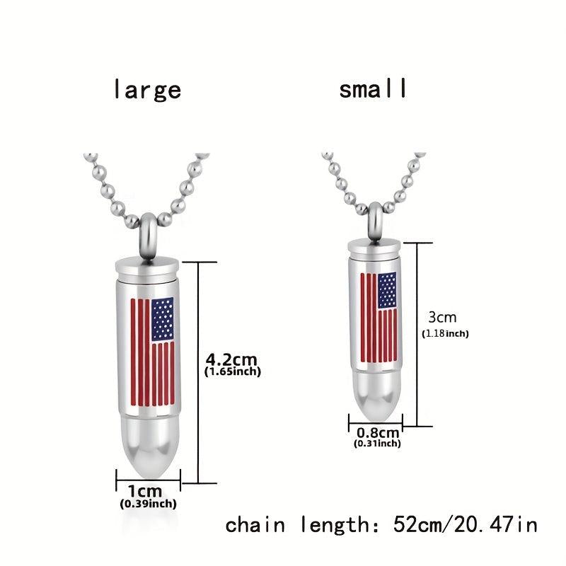 Stainless Steel American Flag Bullet Pendant Cremation Urn Necklace