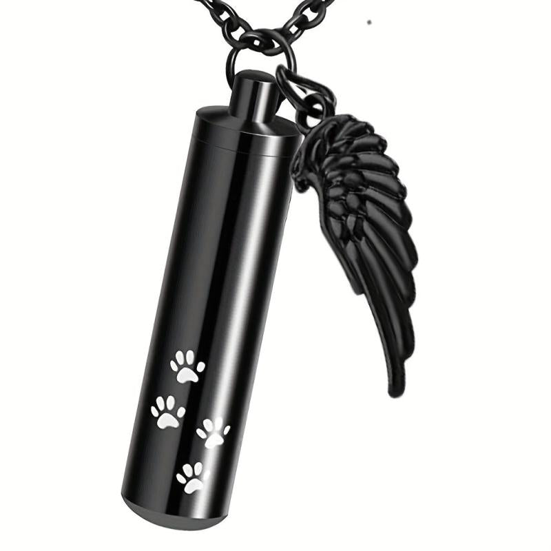 Cylinder Cremation Urn Necklace For Ashes With Angel Wing