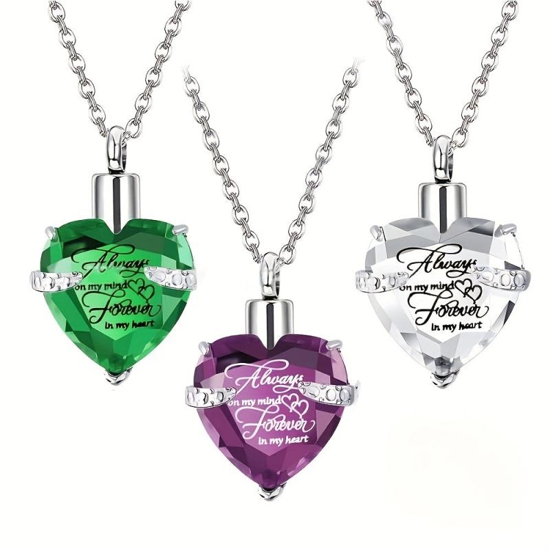 Heart Cremation Urn Necklace with Birthstone Crystal Inlaid Pendant