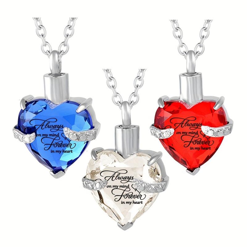 Heart Cremation Urn Necklace with Birthstone Crystal Inlaid Pendant
