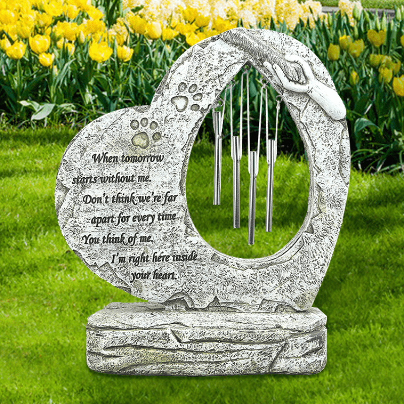 Heart Shaped Pet Memorial Stones with Wind Chimes for Garden