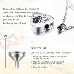 Always In My Heart Cremation Necklace with Heart Urn Pendant
