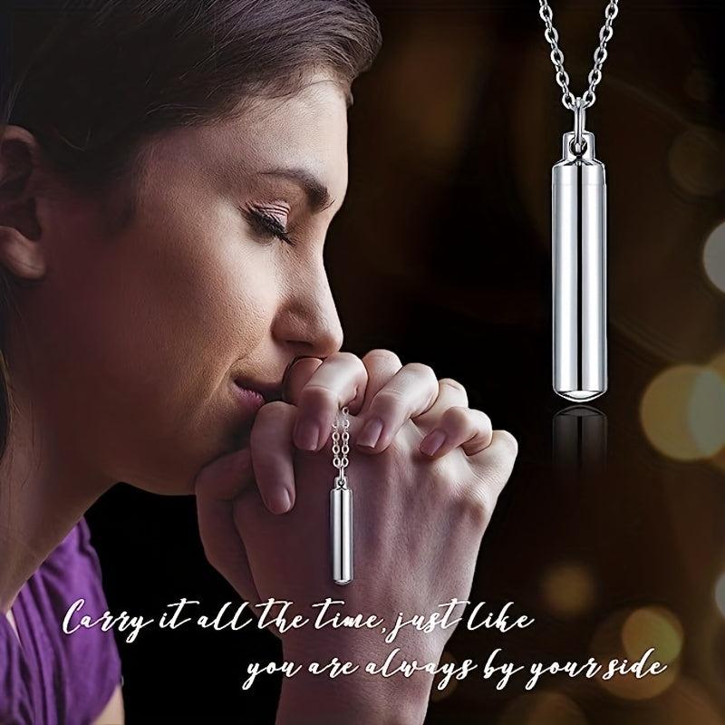 Stainless Steel Cremation Necklace for Ashes with Silver Urn Cylinder