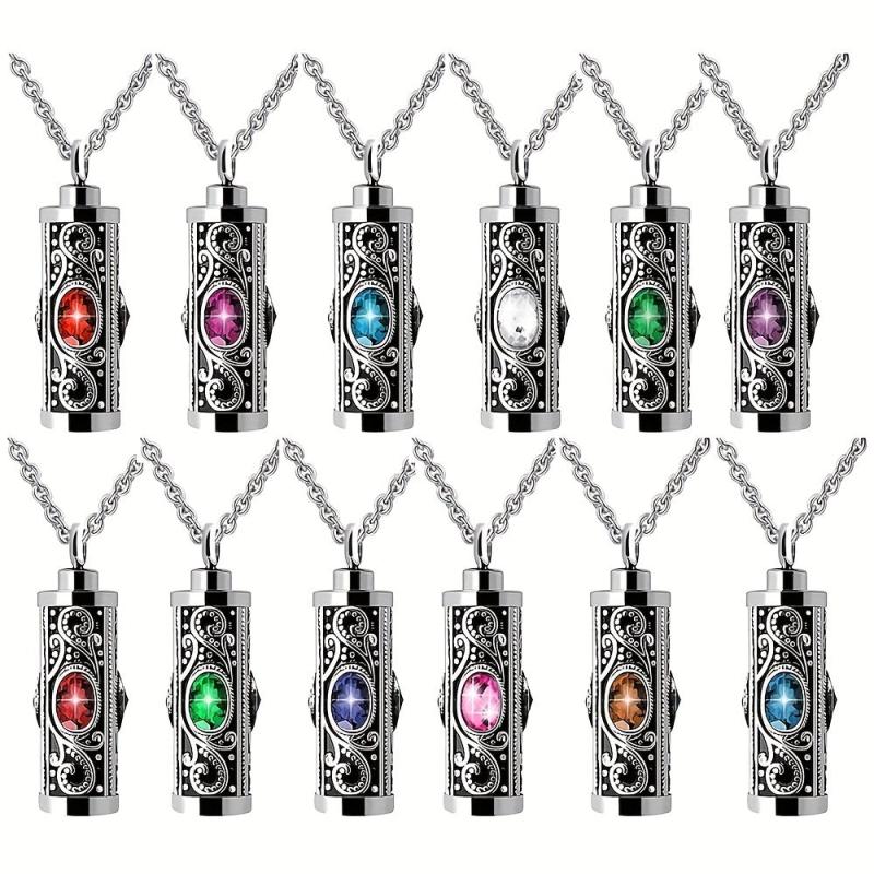 Stainless Steel Memorial Urn Pendant Necklace with Birthstone Crystal