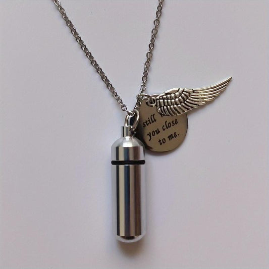 Cylinder Pet Ashes Necklace with Angel Wing - Memorial Keepsake Pendant