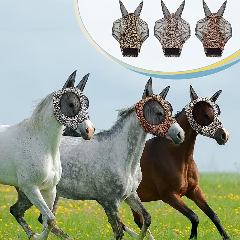 Comfortable Horse Fly Mask with Ears Elasticity Leopard Print Large