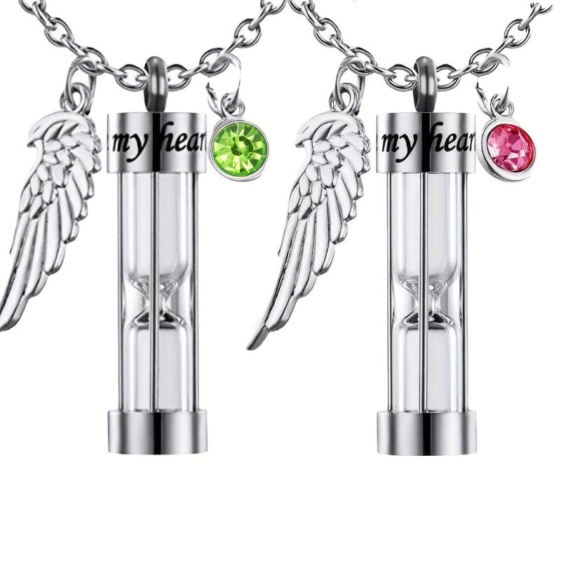 Timeless Hourglass Cremation Necklace with Angel Wing