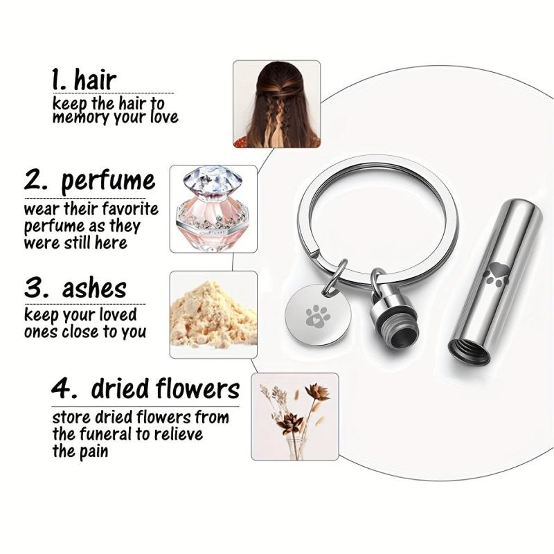 Stainless Steel Pet Paw Cylinder Urn Keychain - Ash Keepsake