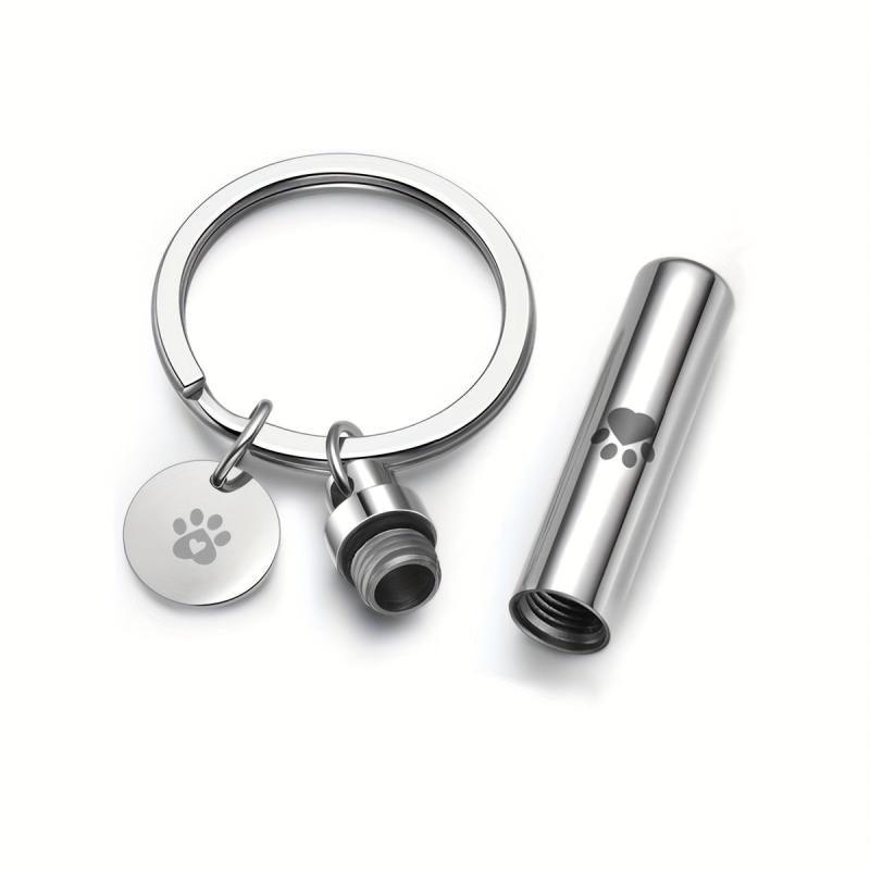 Stainless Steel Pet Paw Cylinder Urn Keychain - Ash Keepsake