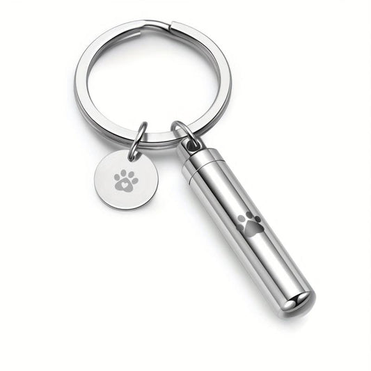Stainless Steel Pet Paw Cylinder Urn Keychain - Ash Keepsake